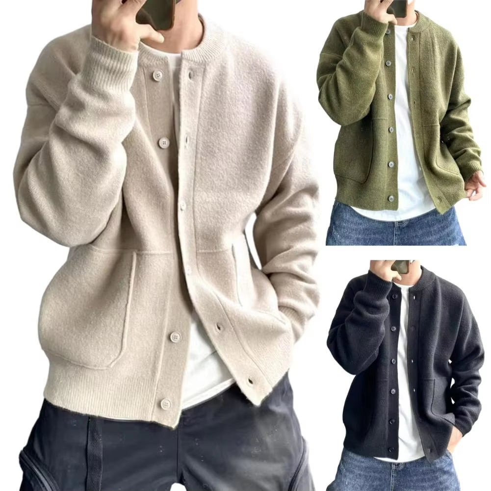 Men's Solid Colour Knitted Cardigan Sweater Coat with Pockets